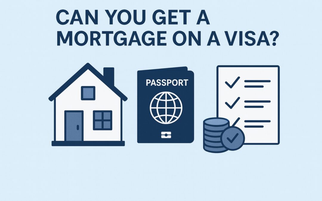 Mortgage on a visa illustration with house, passport, checklist and coins