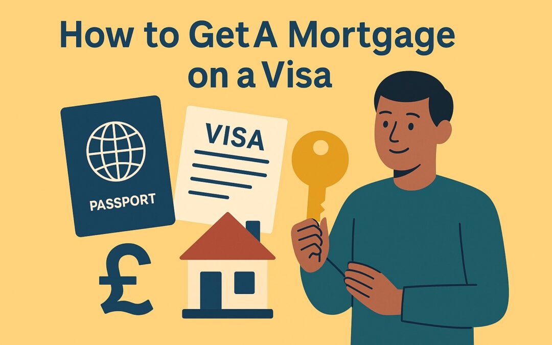 Mortgage guide for visa holders with passport, visa, house and key illustration.