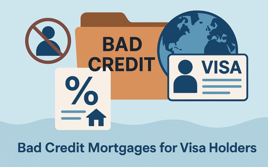 Visa holder mortgage guide with bad credit illustration of house, key and documents